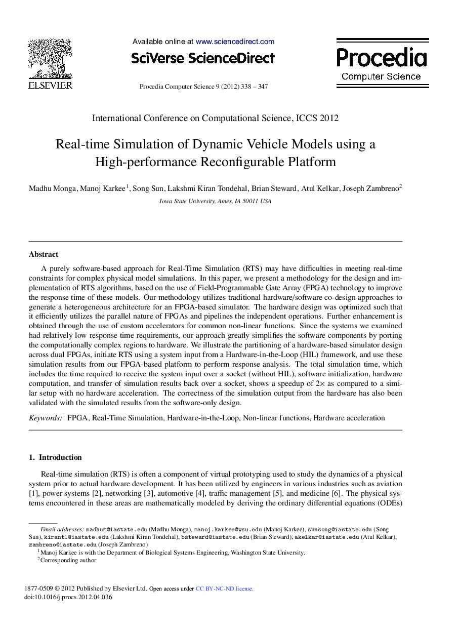 Real-time Simulation of Dynamic Vehicle Models using a High-performance Reconfigurable Platform