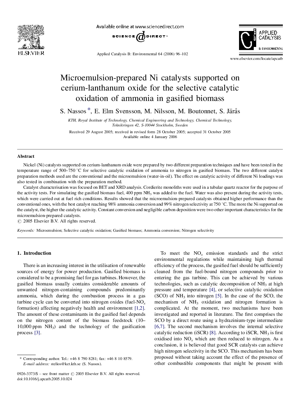 Microemulsion-prepared Ni catalysts supported on cerium-lanthanum oxide for the selective catalytic oxidation of ammonia in gasified biomass