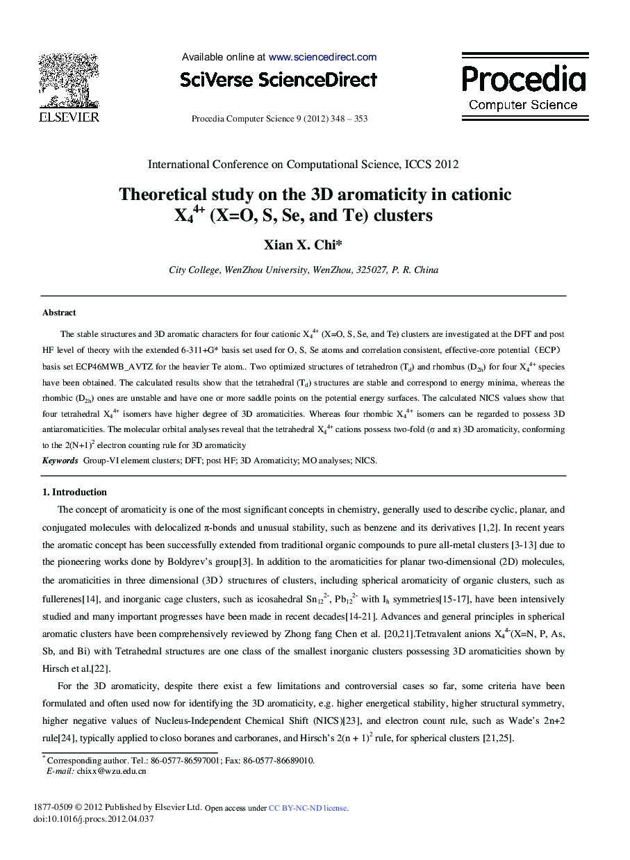 Theoretical Study on the 3D Aromaticity in Cationic X44+ (X=O, S, Se, and Te) Clusters