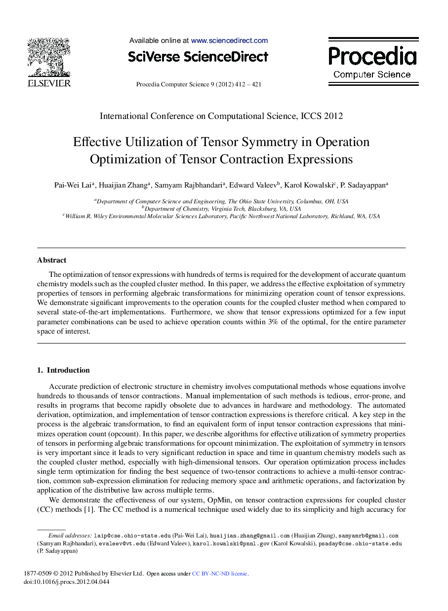 عکس صفحه اول مقاله: Effective Utilization of Tensor Symmetry in Operation Optimization of Tensor Contraction Expressions Effective Utilization of Tensor Symmetry in Operation Optimization of Tensor Contraction Expressions