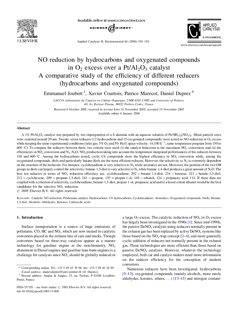 NO reduction by hydrocarbons and oxygenated compounds in O2 excess over a Pt/Al2O3 catalyst: A comparative study of the efficiency of different reducers (hydrocarbons and oxygenated compounds)