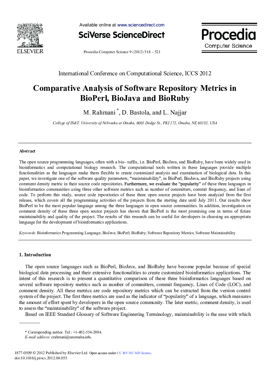 Comparative Analysis of Software Repository Metrics in BioPerl, BioJava and BioRuby