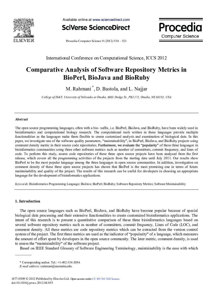 عکس صفحه اول مقاله: Comparative Analysis of Software Repository Metrics in BioPerl, BioJava and BioRuby Comparative Analysis of Software Repository Metrics in BioPerl, BioJava and BioRuby