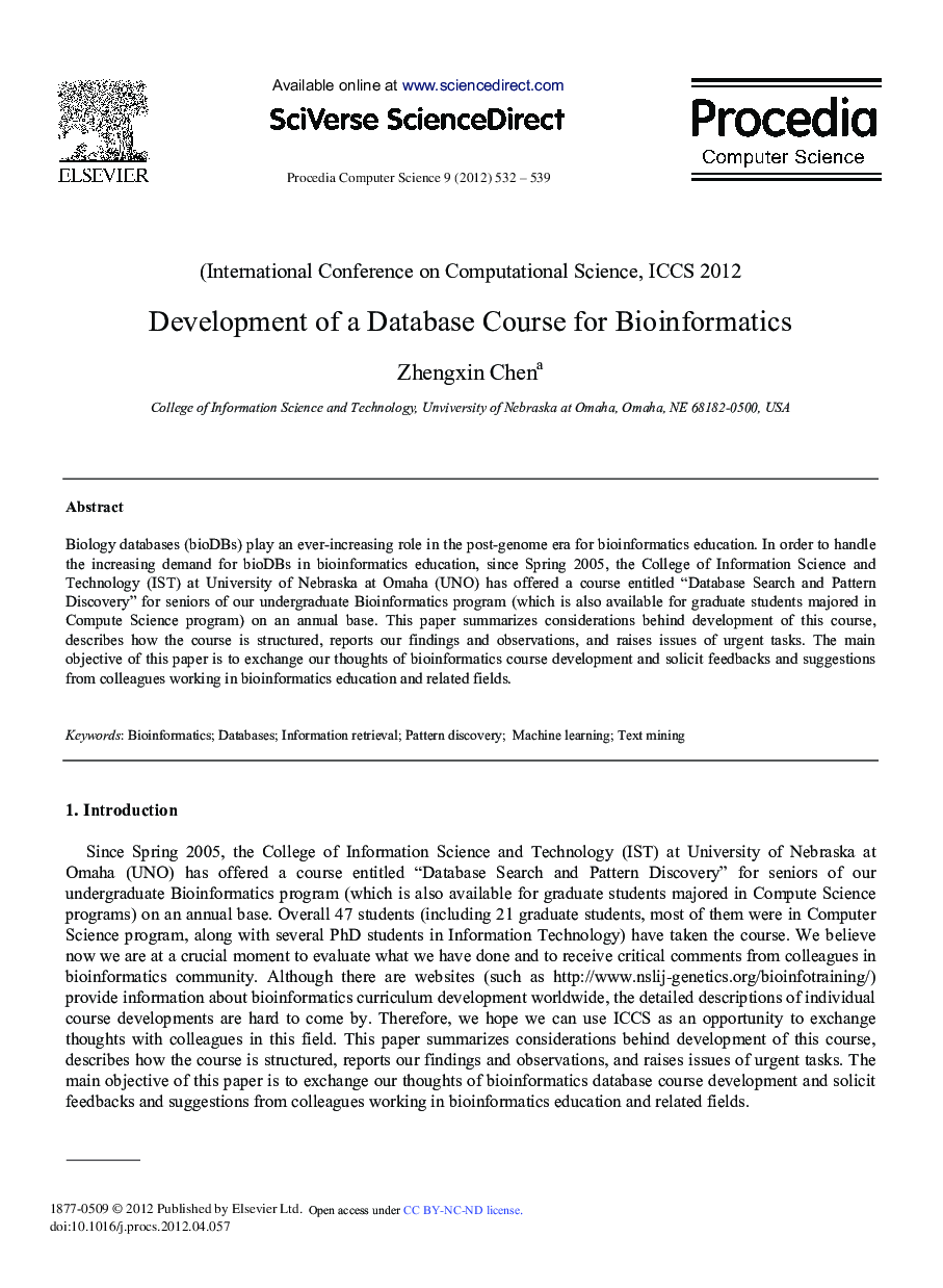 Development of a Database Course for Bioinformatics