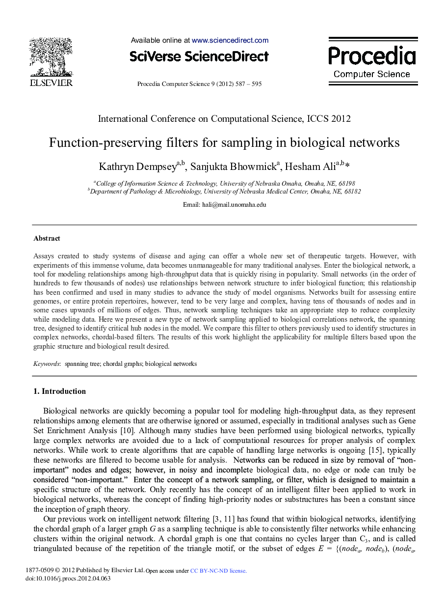 عکس صفحه اول مقاله: Function-preserving Filters for Sampling in Biological Networks Function-preserving Filters for Sampling in Biological Networks