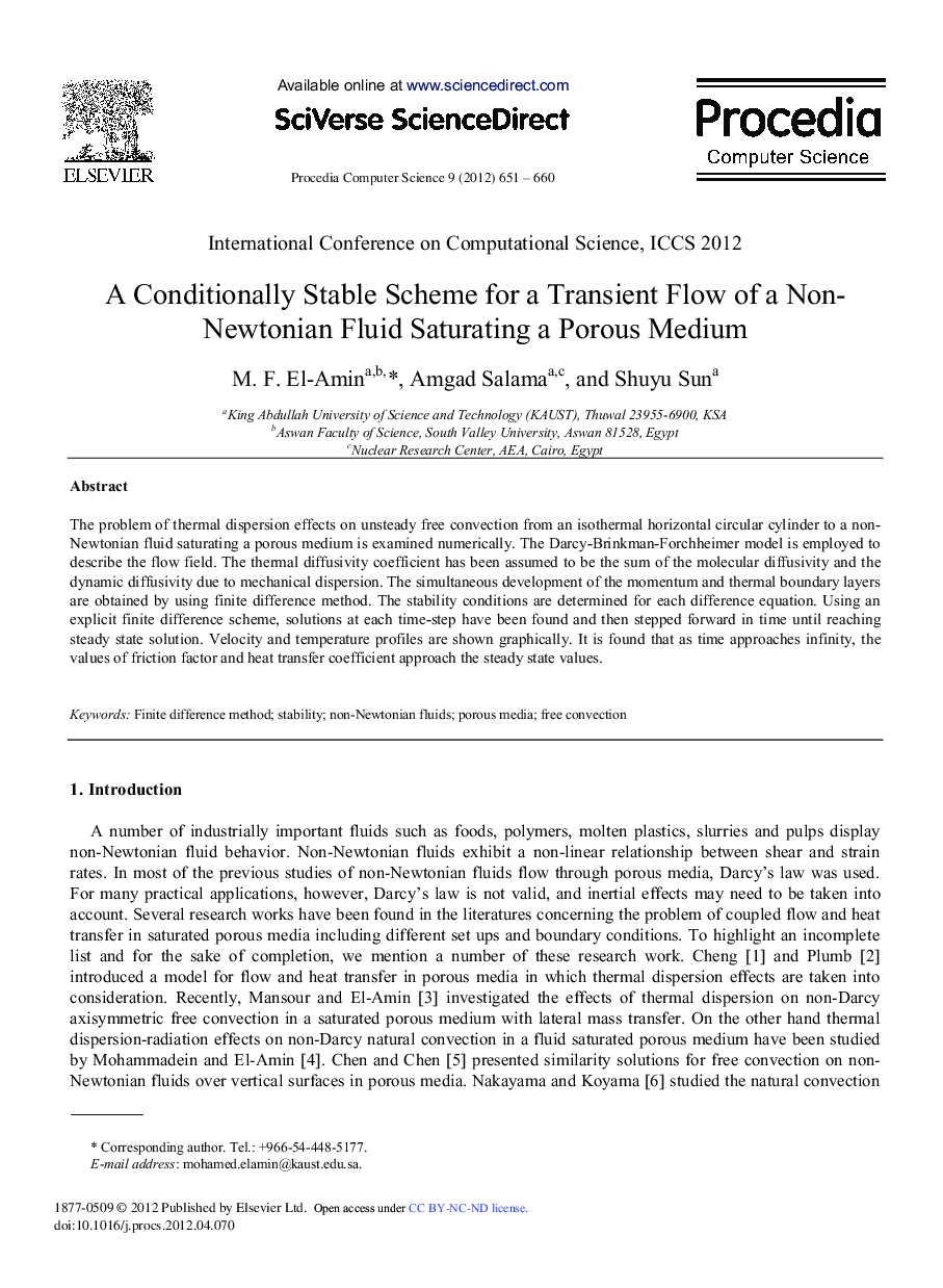 عکس صفحه اول مقاله: A Conditionally Stable Scheme for a Transient Flow of a Non-Newtonian Fluid Saturating a Porous Medium A Conditionally Stable Scheme for a Transient Flow of a Non-Newtonian Fluid Saturating a Porous Medium