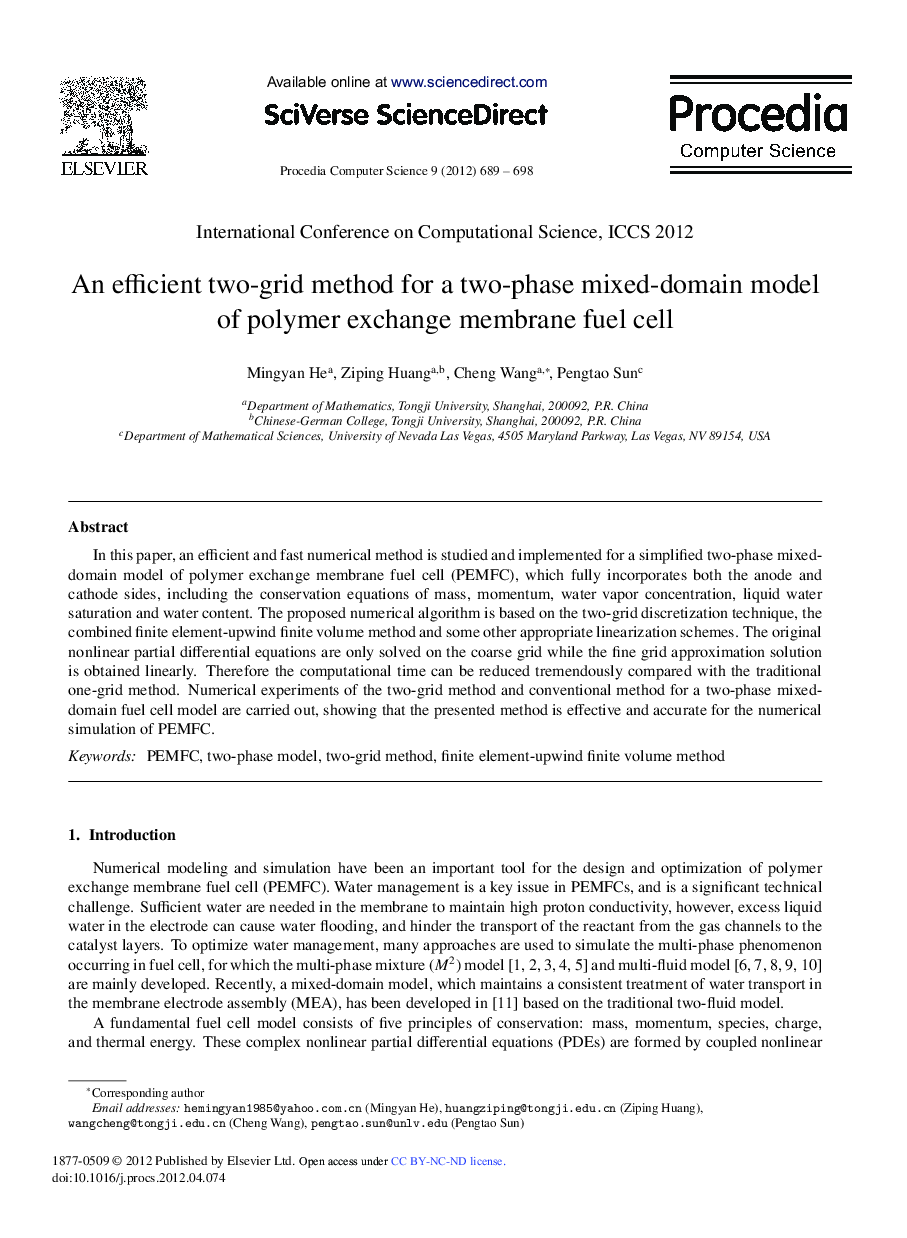 عکس صفحه اول مقاله: An Efficient Two-grid Method for a Two-phase Mixed-domain Model of Polymer Exchange Membrane Fuel Cell An Efficient Two-grid Method for a Two-phase Mixed-domain Model of Polymer Exchange Membrane Fuel Cell