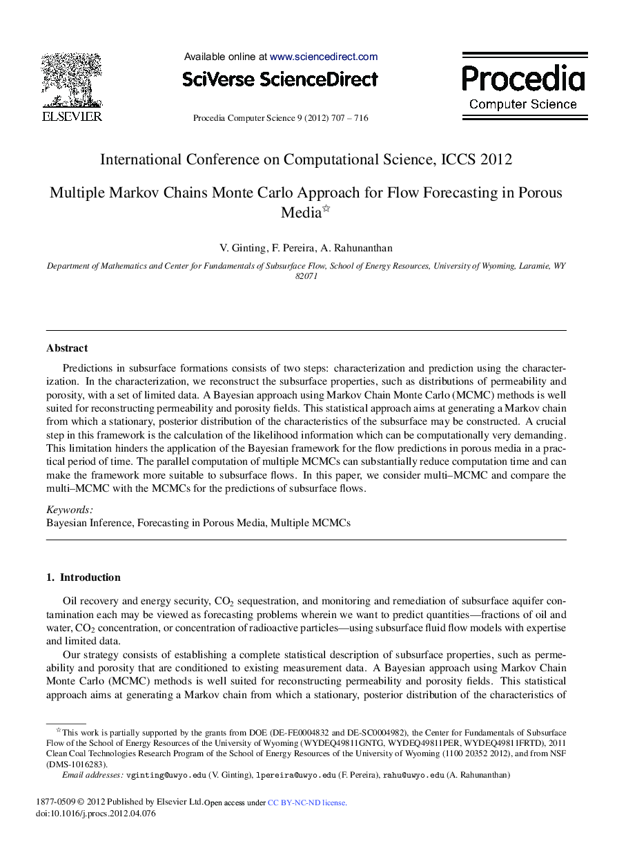عکس صفحه اول مقاله: Multiple Markov Chains Monte Carlo Approach for Flow Forecasting in Porous Media* Multiple Markov Chains Monte Carlo Approach for Flow Forecasting in Porous Media*