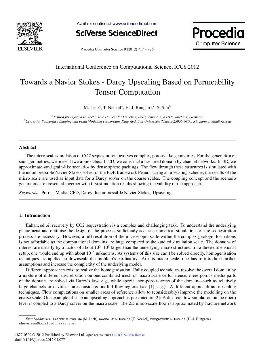 عکس صفحه اول مقاله: Towards a Navier Stokes-Darcy Upscaling Based on Permeability Tensor Computation Towards a Navier Stokes-Darcy Upscaling Based on Permeability Tensor Computation
