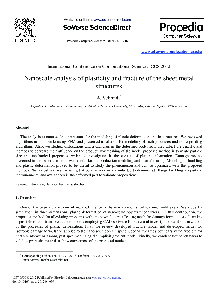 عکس صفحه اول مقاله: Nanoscale Analysis of Plasticity and Fracture of the Sheet Metal Structures Nanoscale Analysis of Plasticity and Fracture of the Sheet Metal Structures