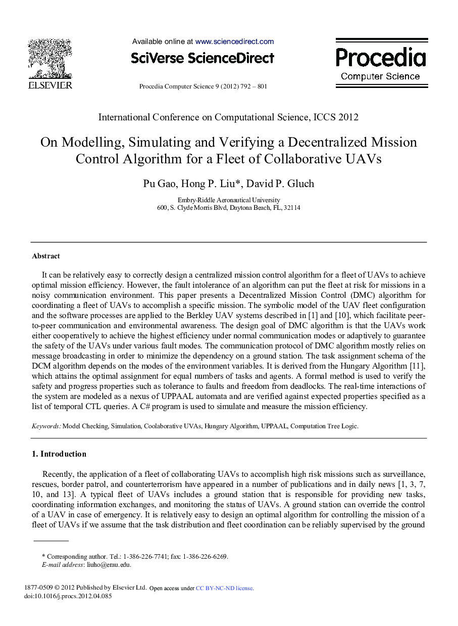 On Modelling, Simulating and Verifying a Decentralized Mission Control Algorithm for a Fleet of Collaborative UAVs