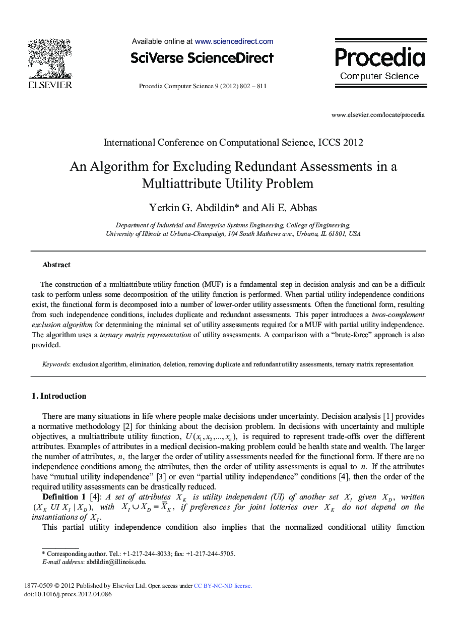 An Algorithm for Excluding Redundant Assessments in a Multiattribute Utility Problem