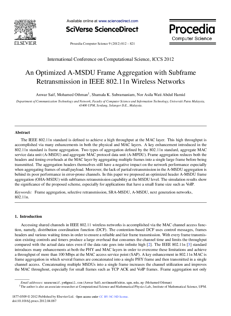An Optimized A-MSDU Frame Aggregation with Subframe Retransmission in IEEE 802.11n Wireless Networks