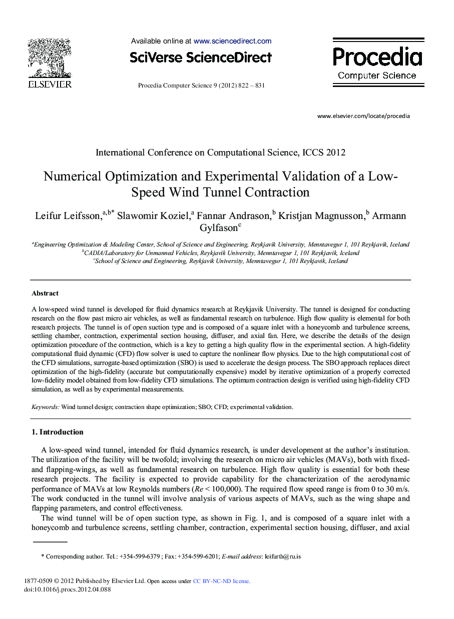 عکس صفحه اول مقاله: Numerical Optimization and Experimental Validation of a Low Speed Wind Tunnel Contraction Numerical Optimization and Experimental Validation of a Low Speed Wind Tunnel Contraction