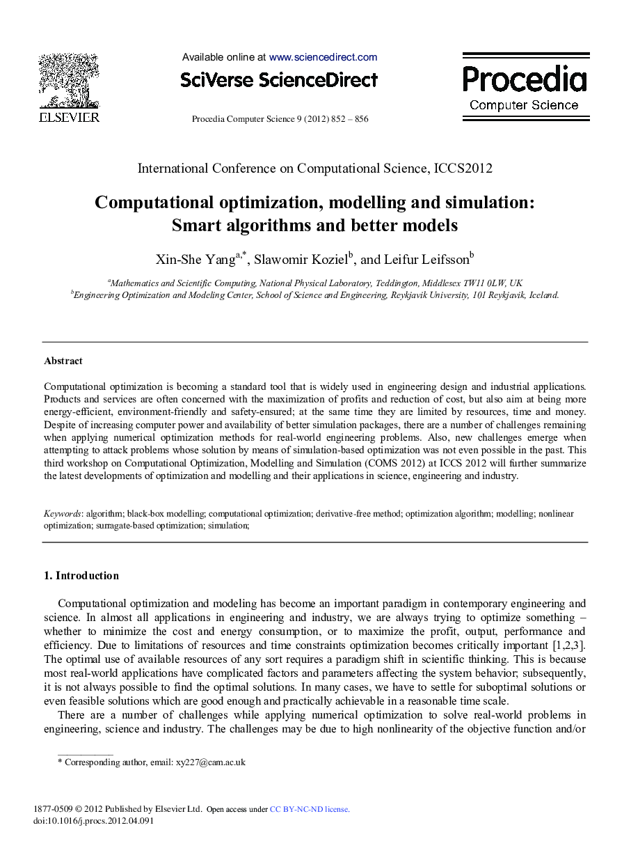 Computational Optimization, Modelling and Simulation: Smart Algorithms and Better Models
