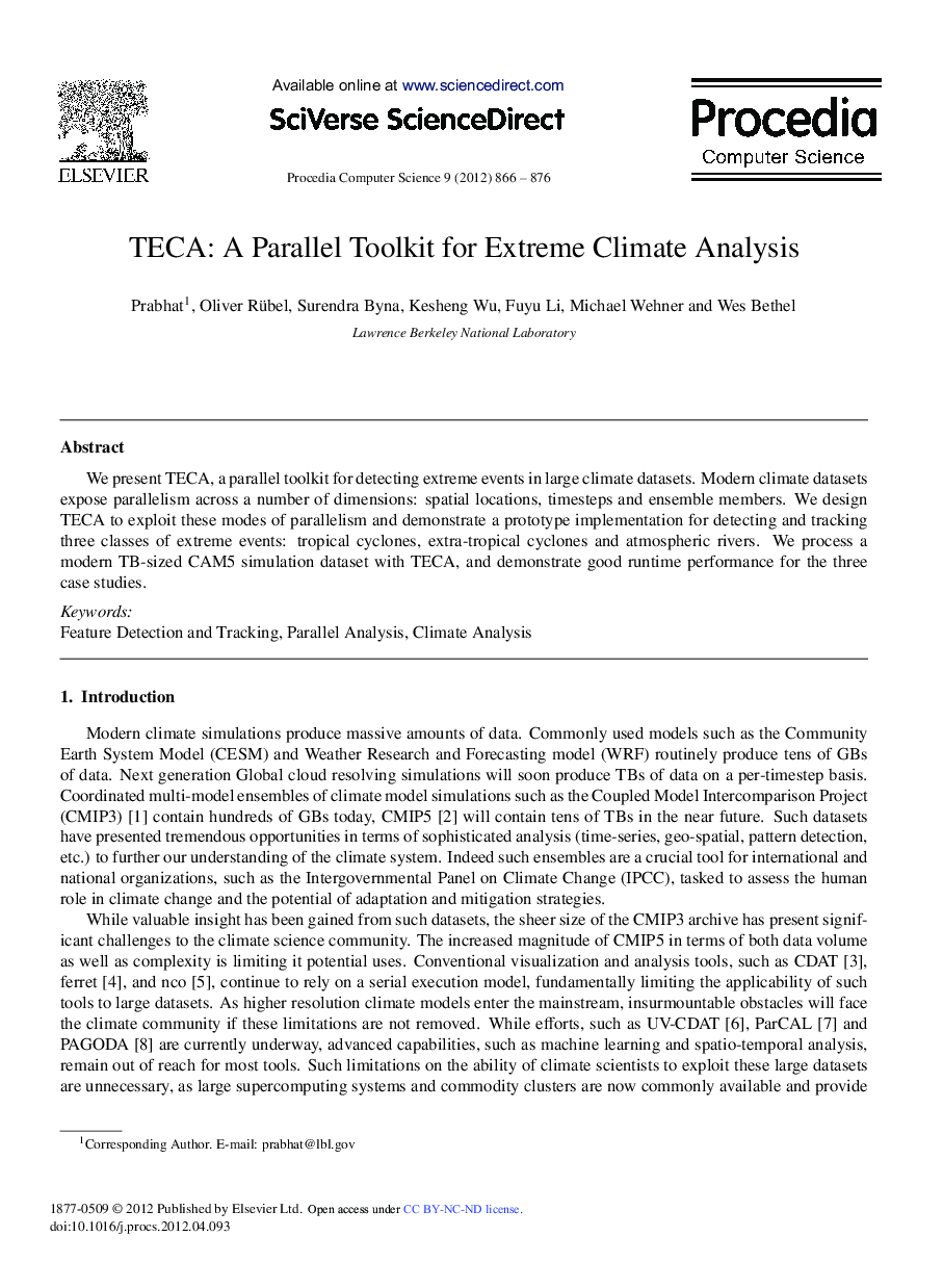 عکس صفحه اول مقاله: TECA: A Parallel Toolkit for Extreme Climate Analysis TECA: A Parallel Toolkit for Extreme Climate Analysis