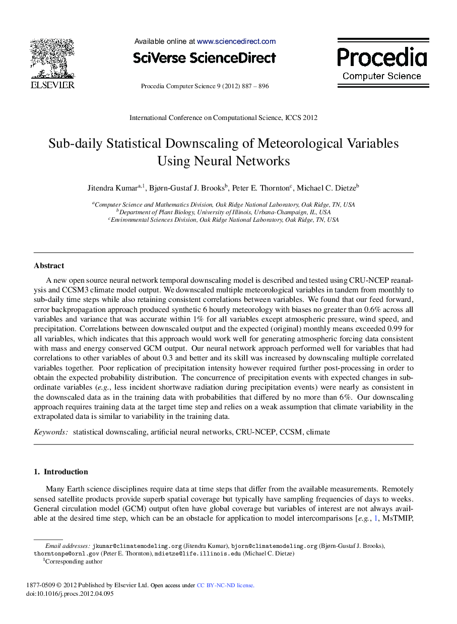 عکس صفحه اول مقاله: Sub-daily Statistical Downscaling of Meteorological Variables Using Neural Networks Sub-daily Statistical Downscaling of Meteorological Variables Using Neural Networks