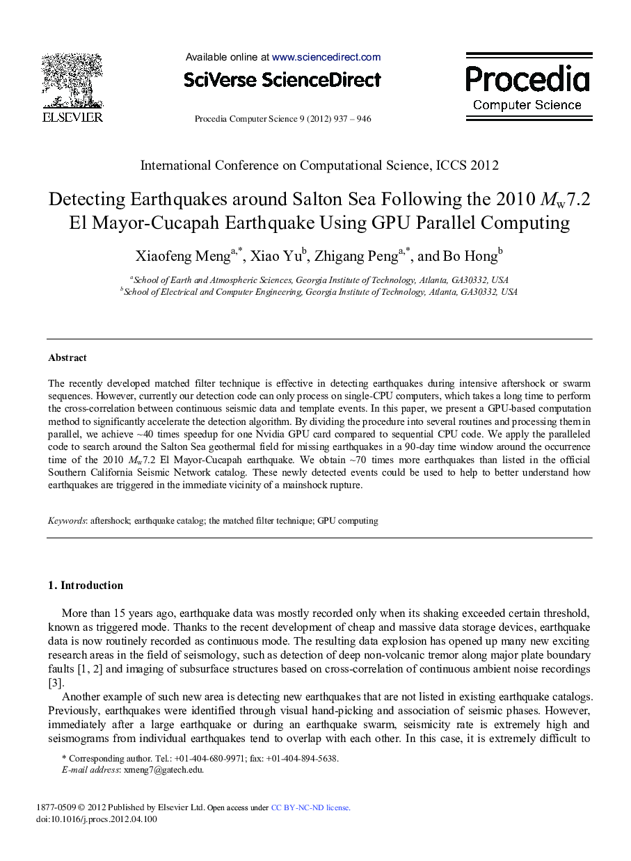 Detecting Earthquakes around Salton Sea Following the 2010 Mw7.2 El Mayor-Cucapah Earthquake Using GPU Parallel Computing