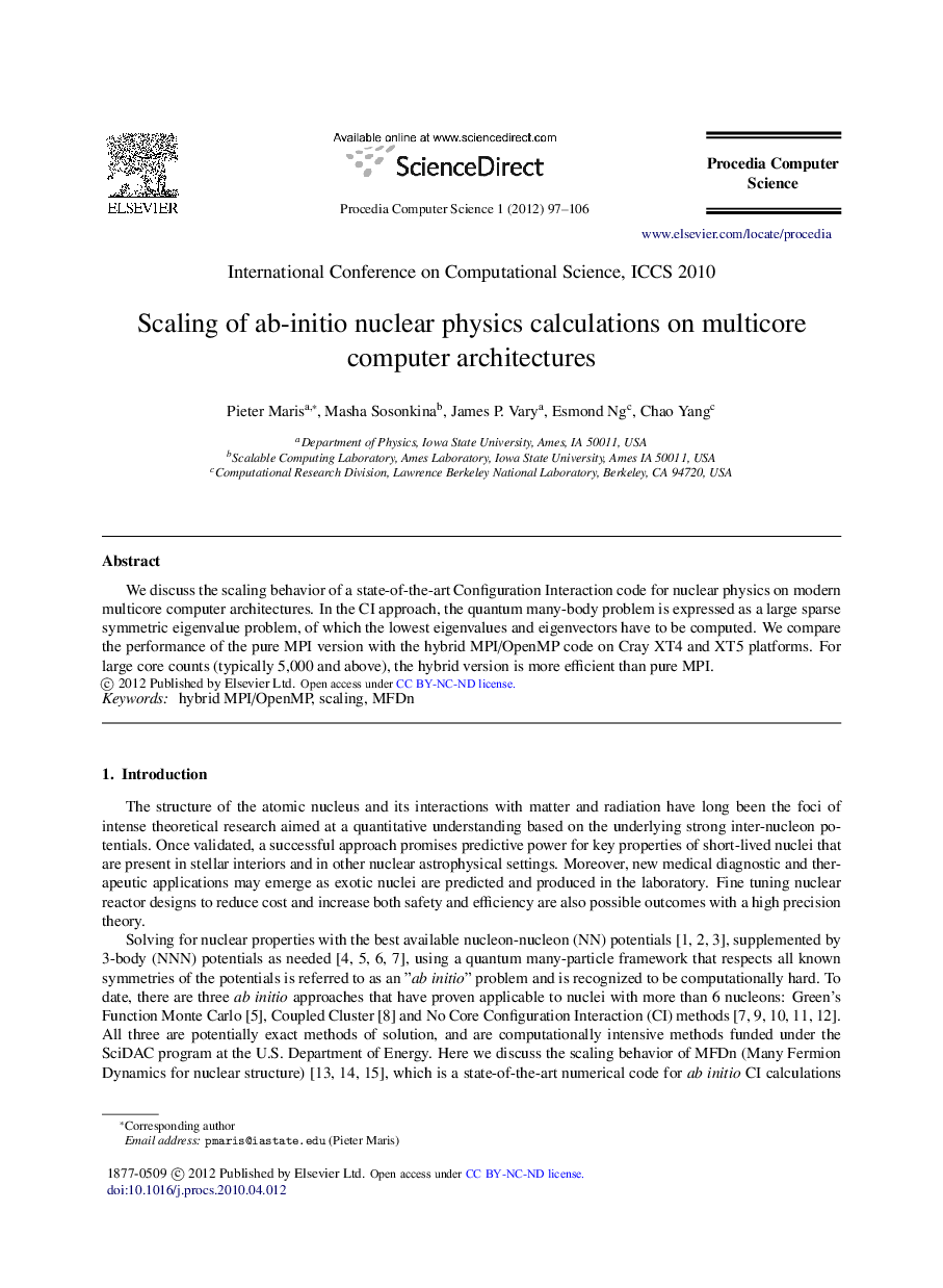Scaling of ab-initio nuclear physics calculations on multicore computer architectures