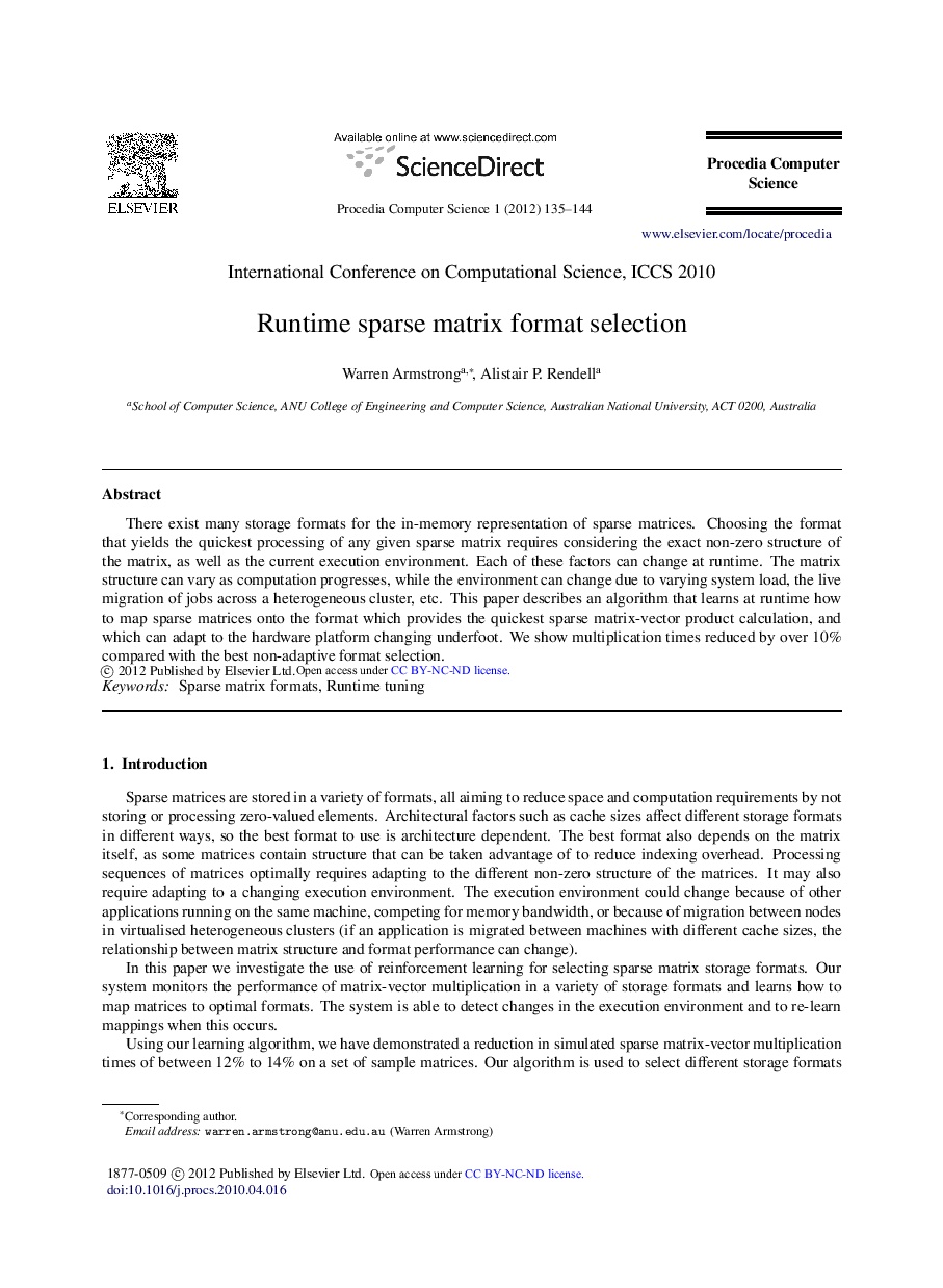 Runtime sparse matrix format selection