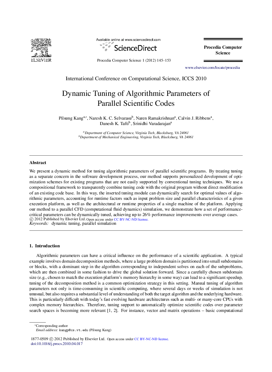 Dynamic tuning of algorithmic parameters of parallel scientific codes