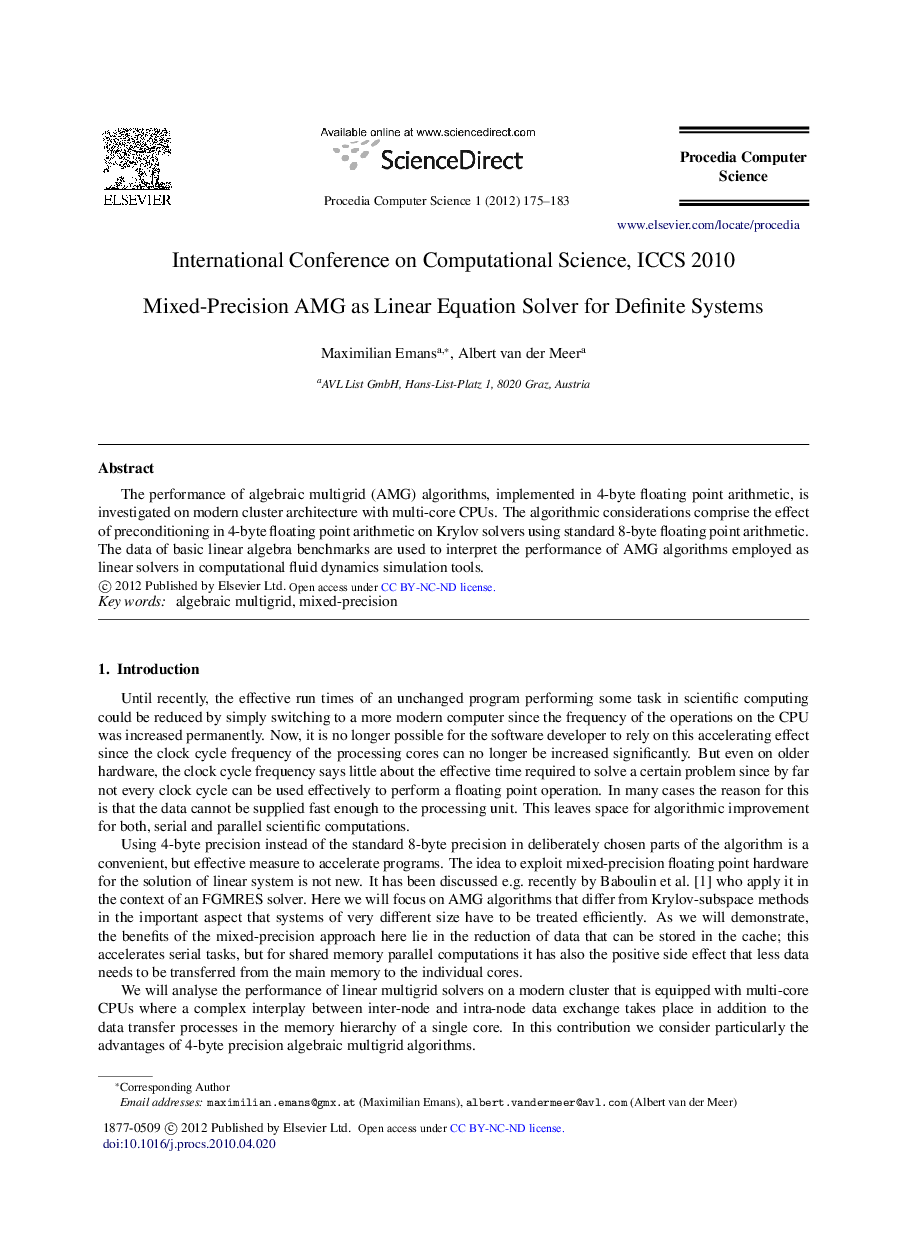 عکس صفحه اول مقاله: Mixed-precision AMG as linear equation solver for definite systems Mixed-precision AMG as linear equation solver for definite systems