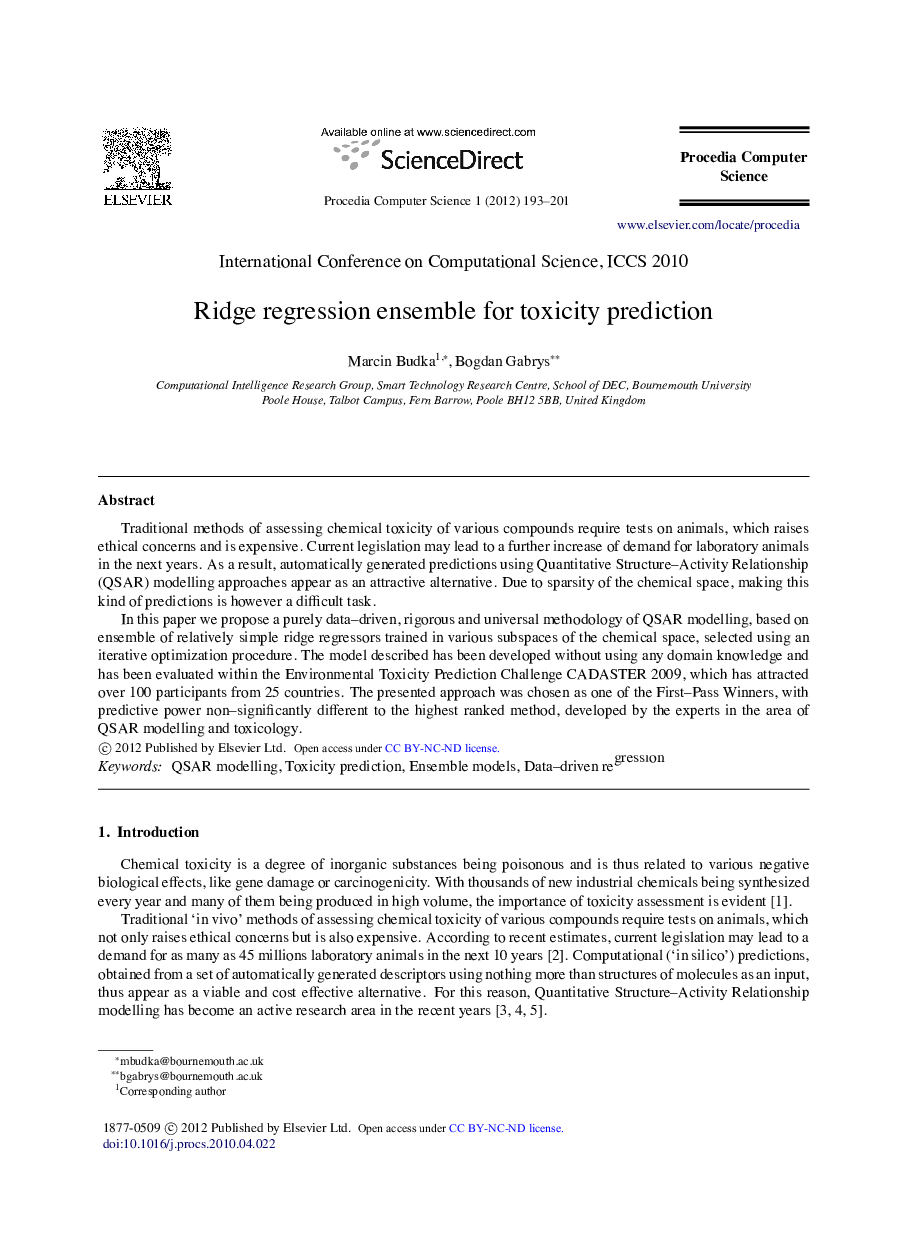 Ridge regression ensemble for toxicity prediction