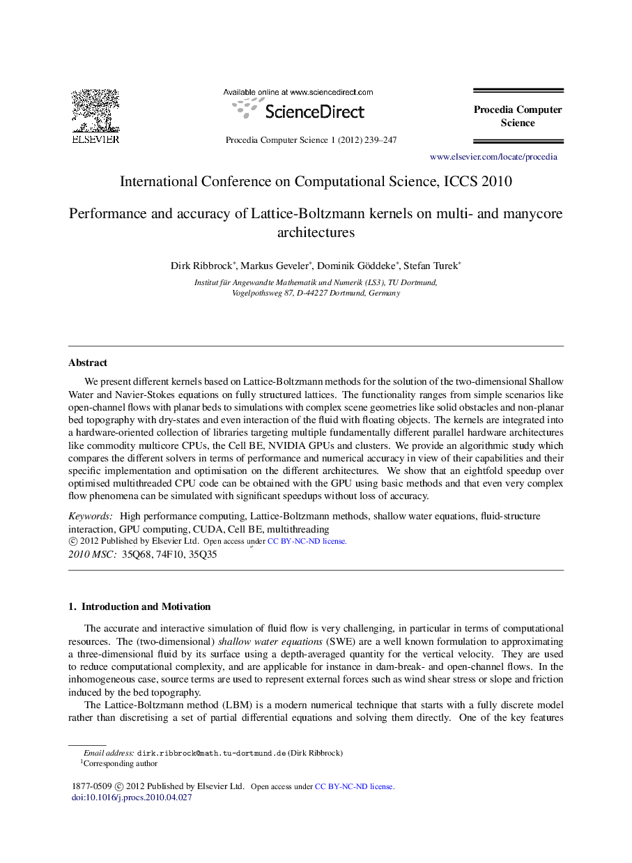 Performance and accuracy of Lattice-Boltzmann kernels on multi- and manycore architectures