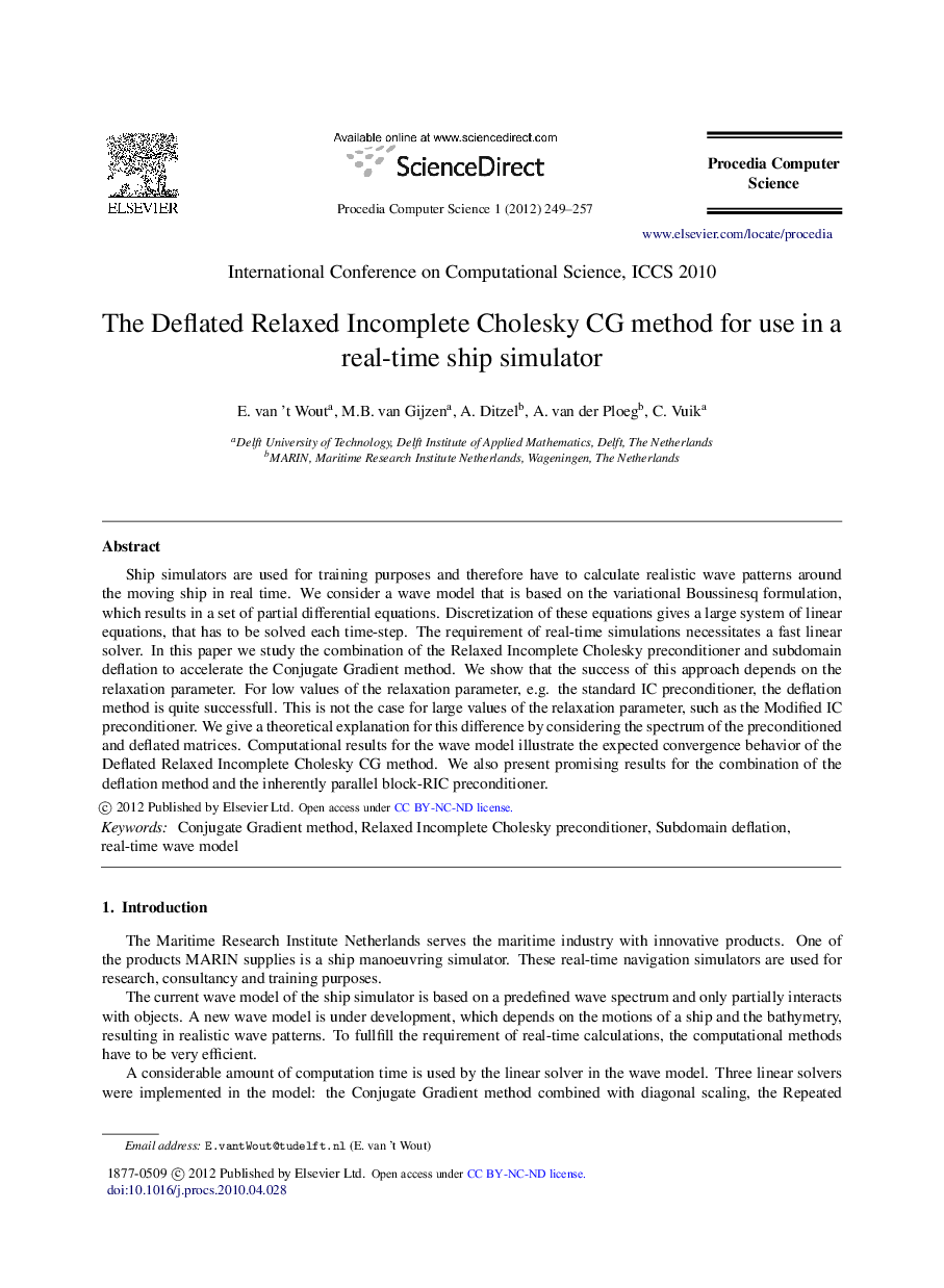 The Deflated Relaxed Incomplete Cholesky CG method for use in a real-time ship simulator