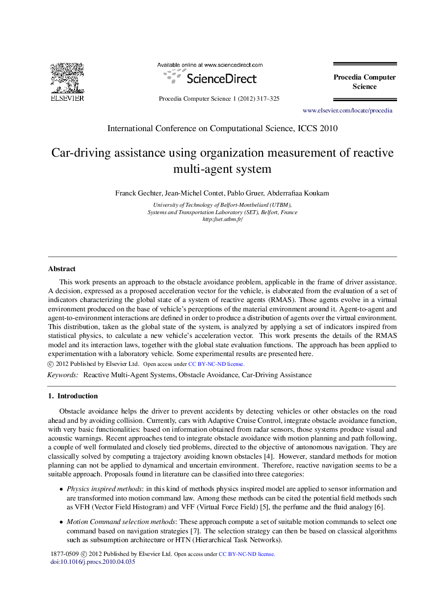 Car-driving assistance using organization measurement of reactive multi-agent system