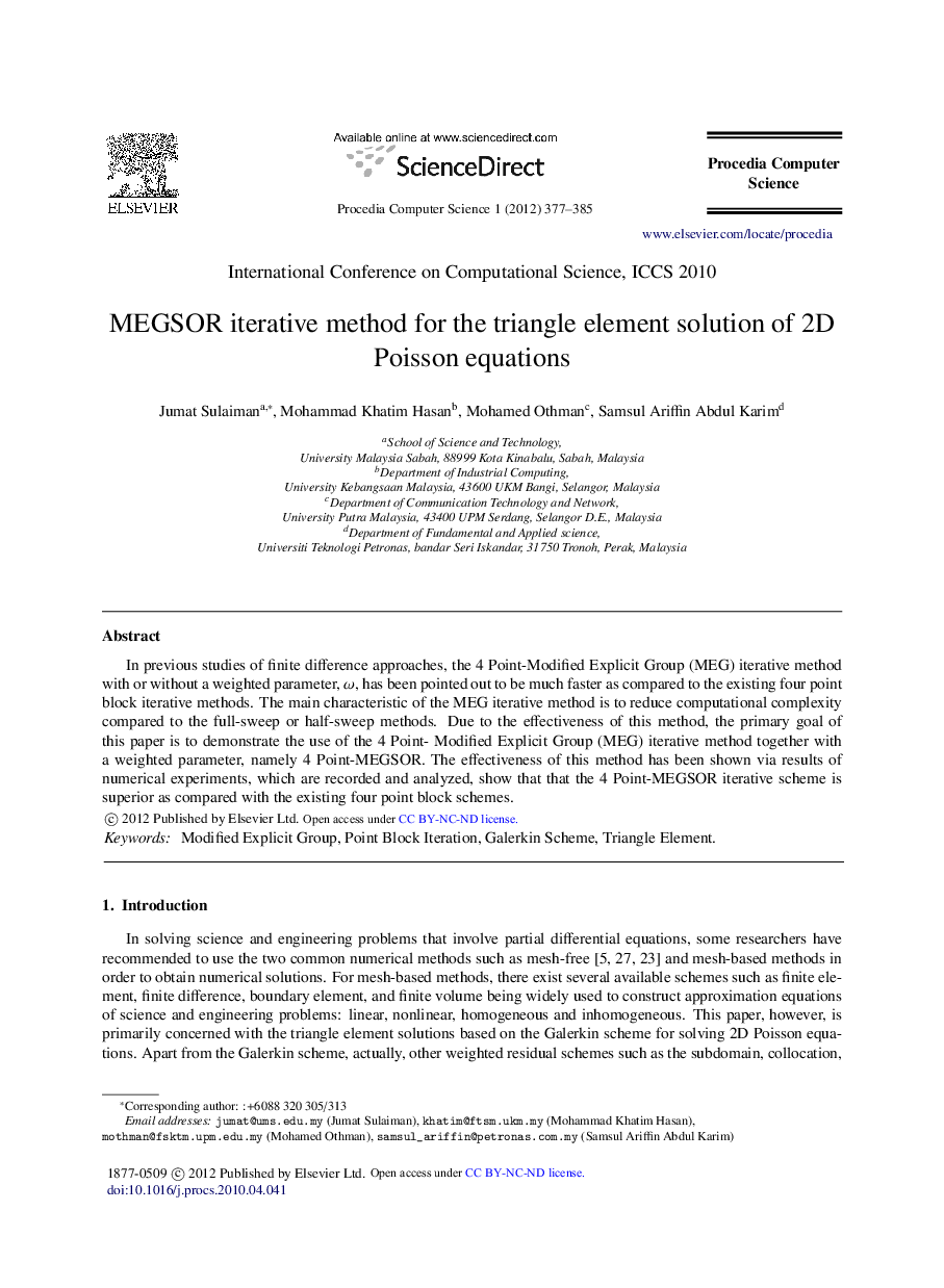 MEGSOR iterative method for the triangle element solution of 2D Poisson equations