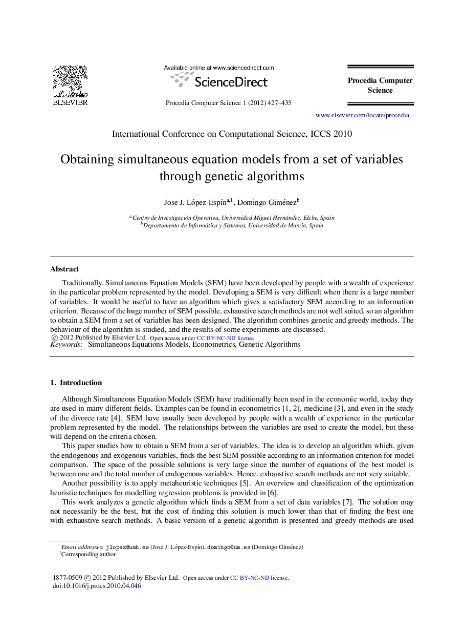 Obtaining simultaneous equation models from a set of variables through genetic algorithms