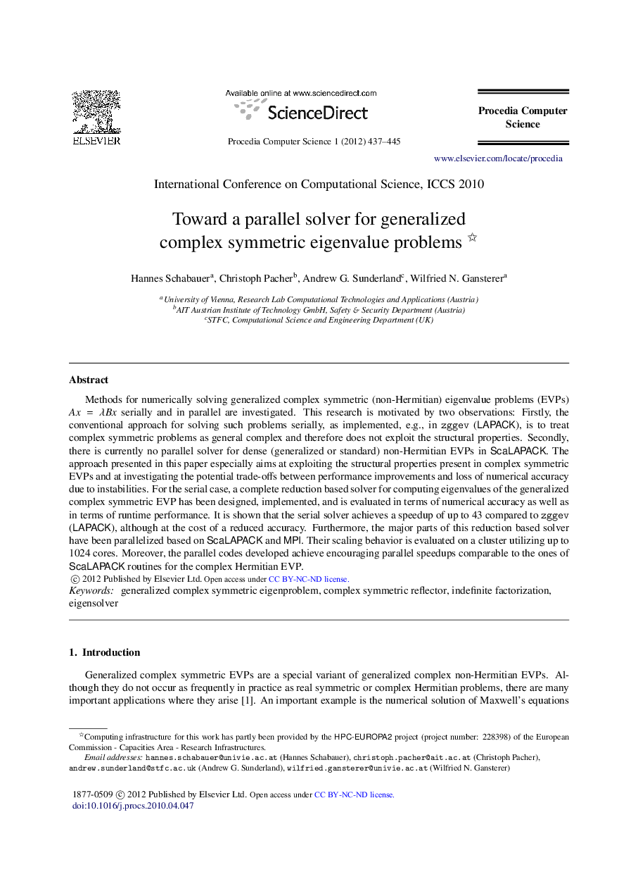 Toward a parallel solver for generalized complex symmetric eigenvalue problems 