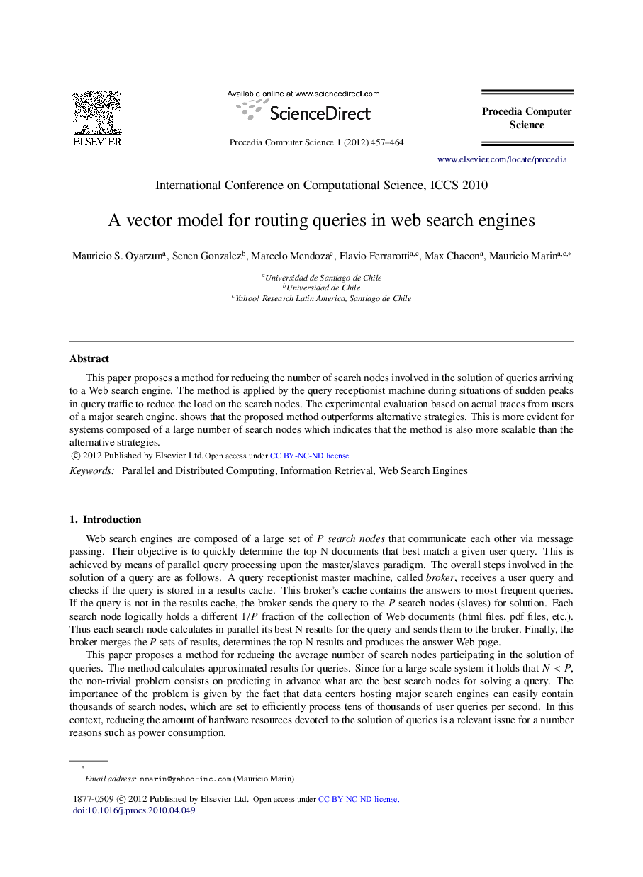 A vector model for routing queries in web search engines