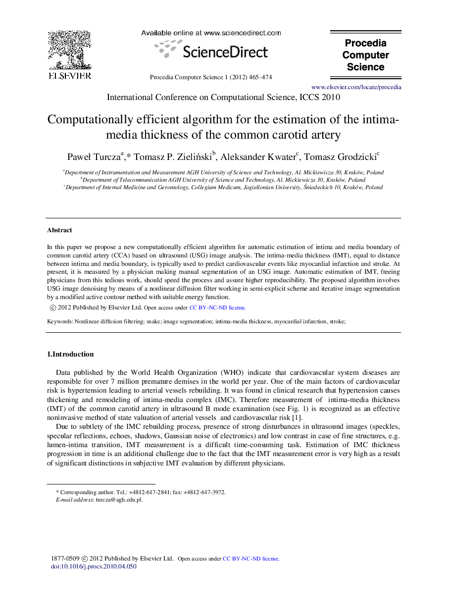 Computationally efficient algorithm for the estimation of the intimamedia thickness of the common carotid artery