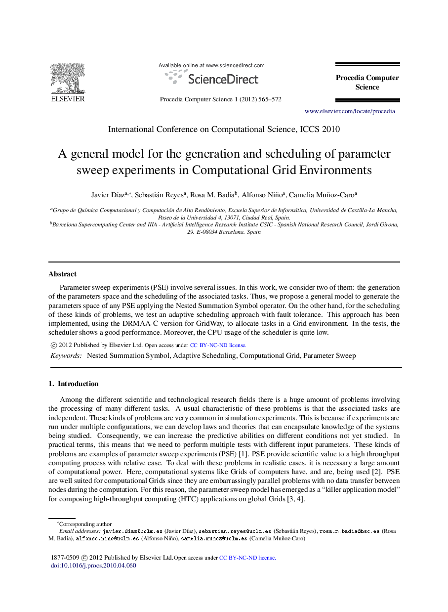 A general model for the generation and scheduling of parameter sweep experiments in computational grid environments