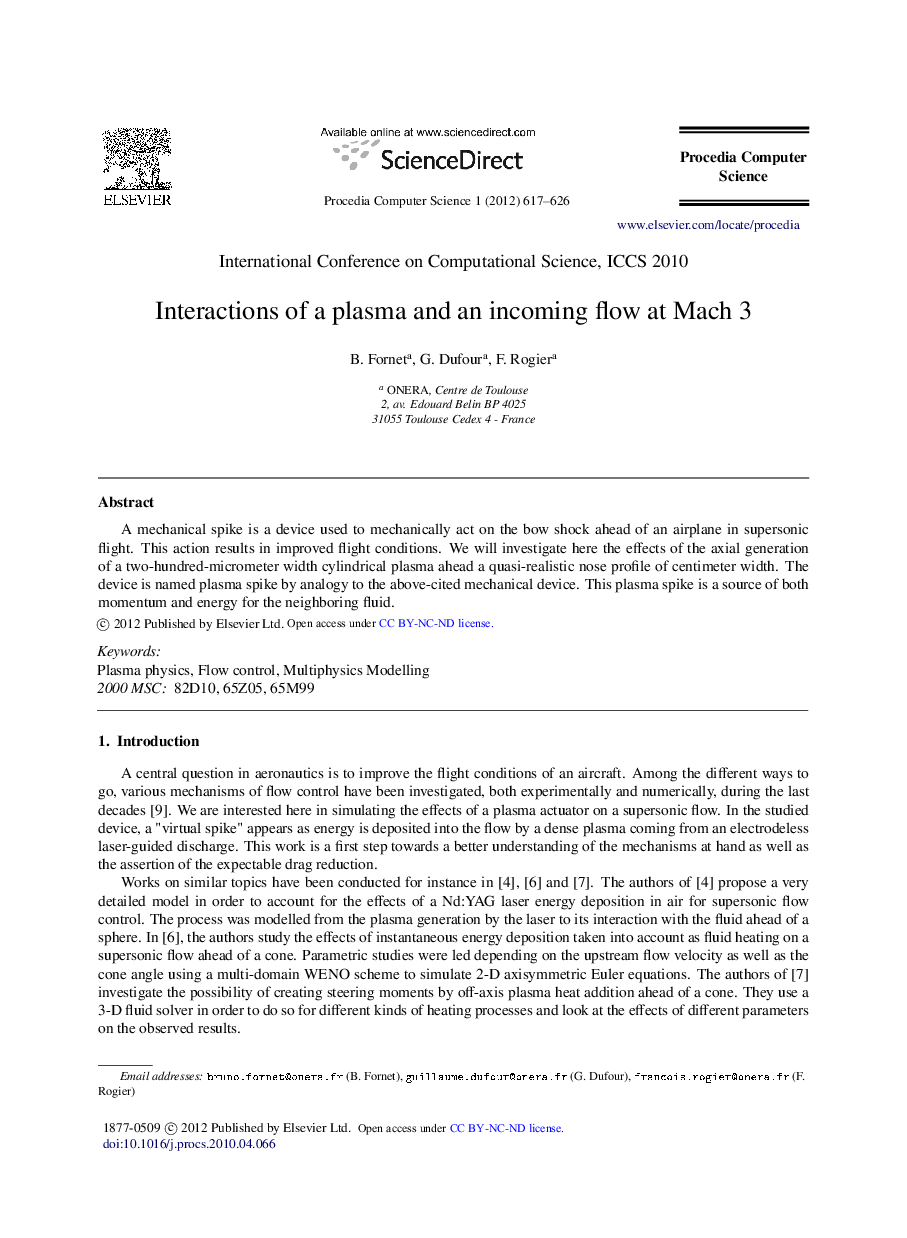 Interactions of a plasma and an incoming flow at Mach 3