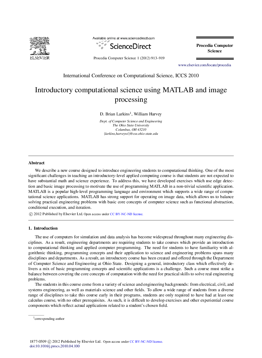 Introductory computational science using MATLAB and image processing