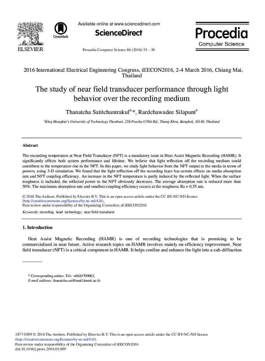 The Study of Near Field Transducer Performance through Light Behavior Over the Recording Medium 