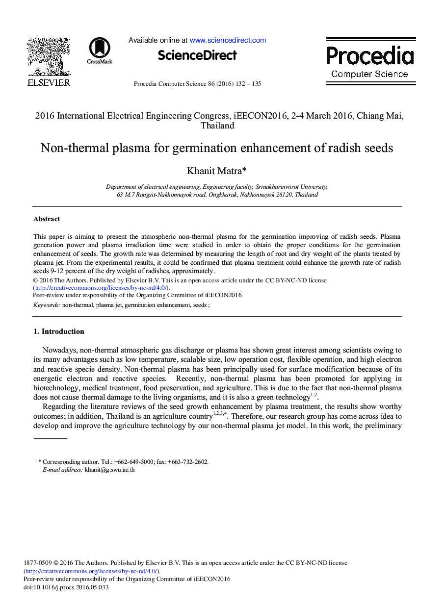 Non-thermal Plasma for Germination Enhancement of Radish Seeds 