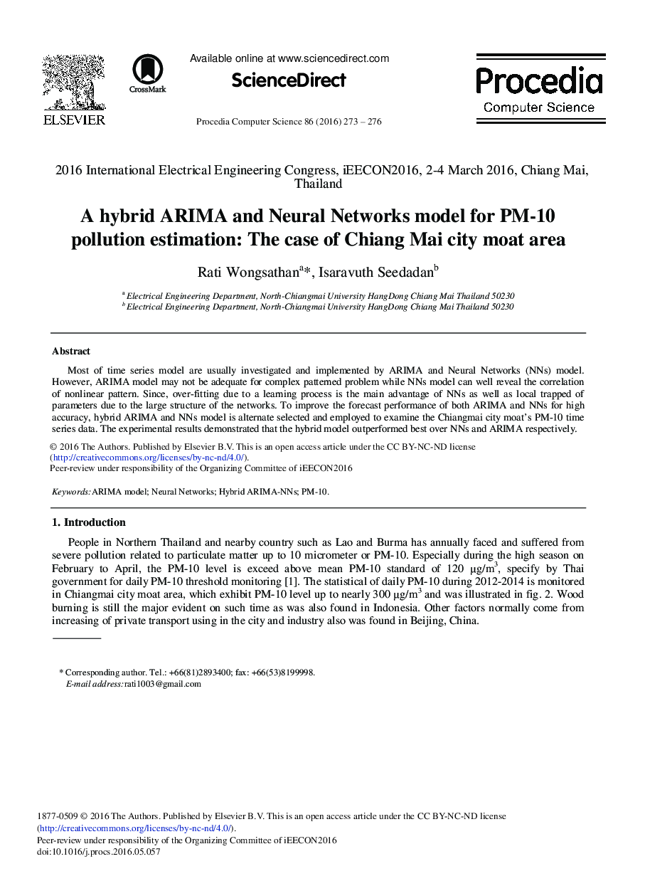 A Hybrid ARIMA and Neural Networks Model for PM-10 Pollution Estimation: The Case of Chiang Mai City Moat Area 