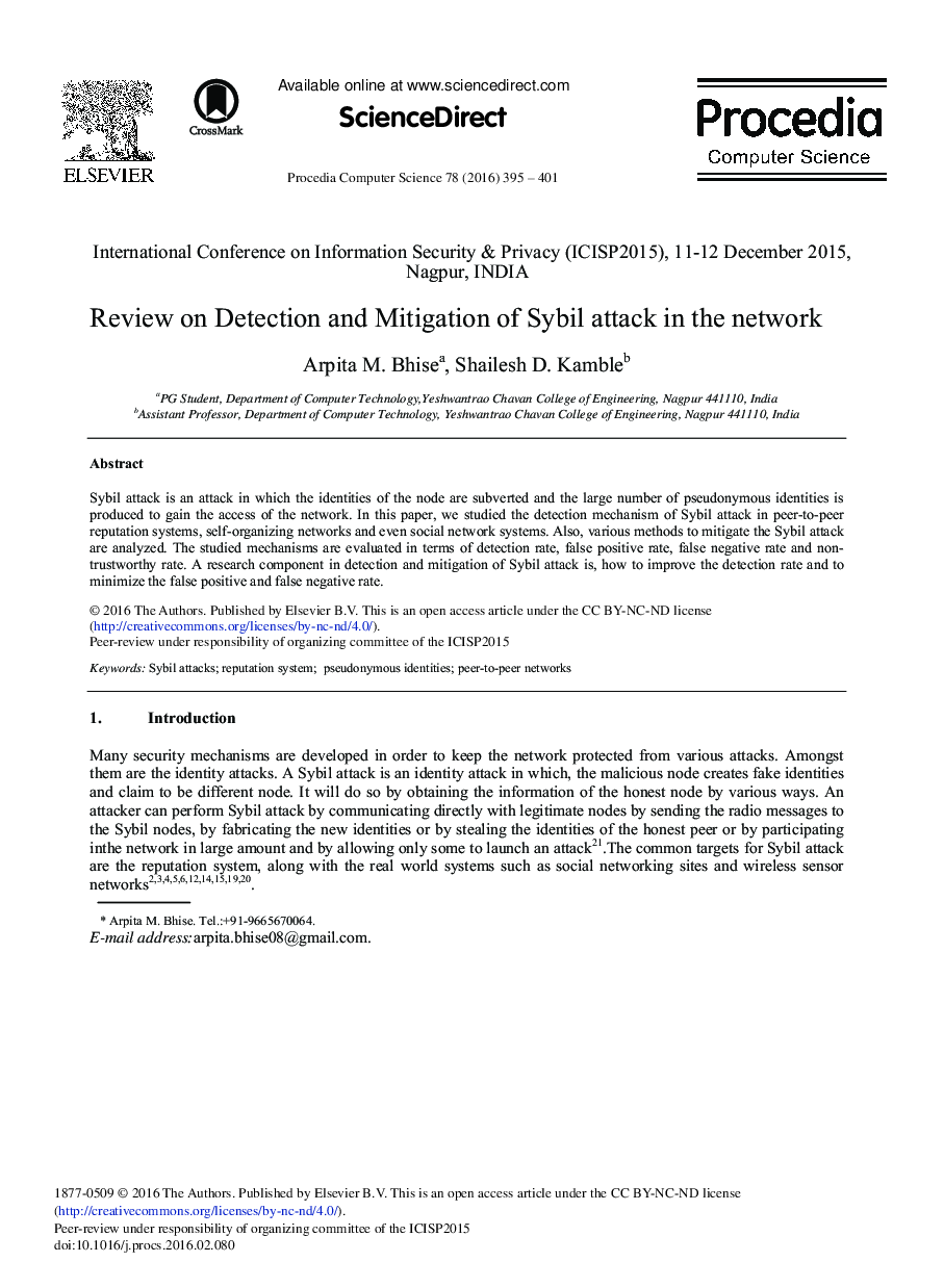 Review on Detection and Mitigation of Sybil Attack in the Network 