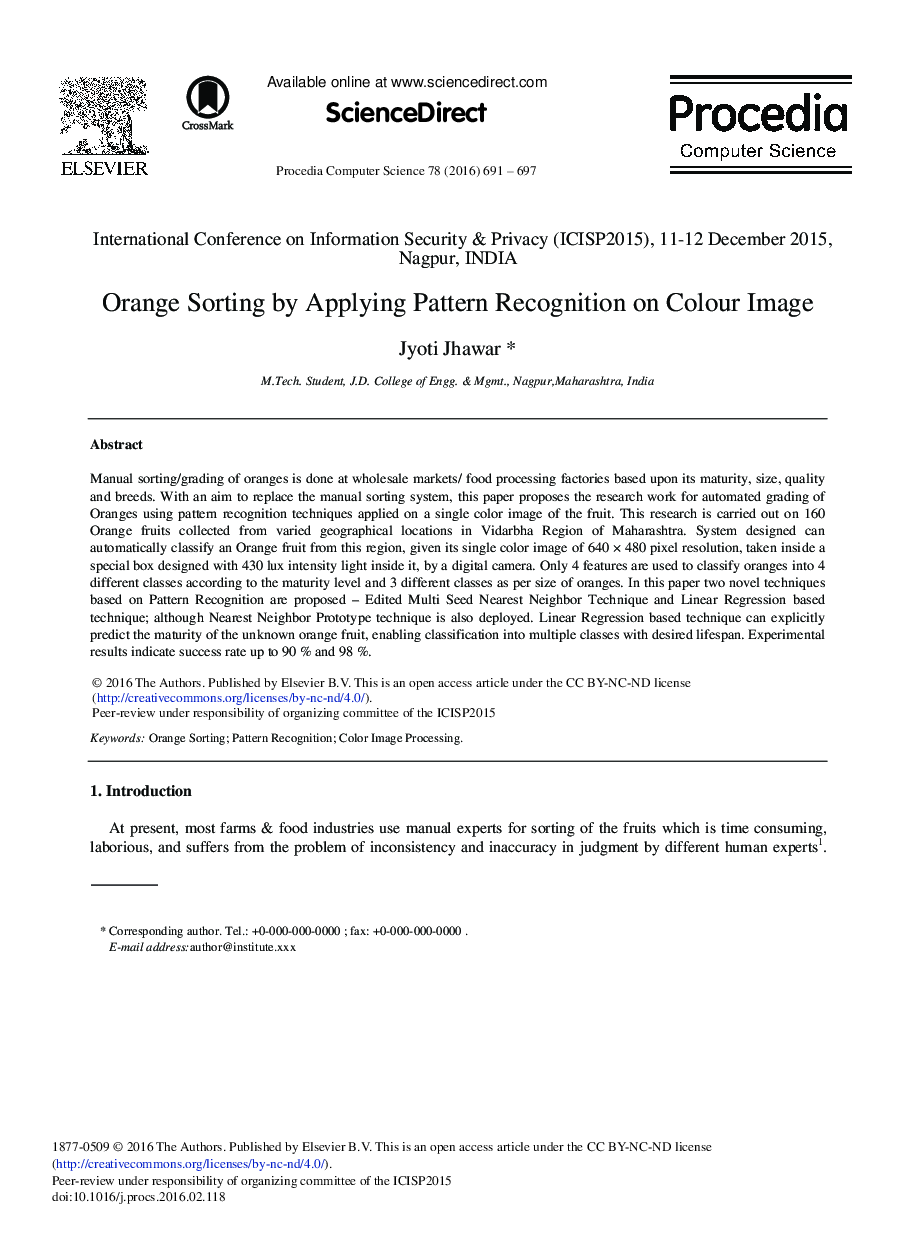 Orange Sorting by Applying Pattern Recognition on Colour Image 