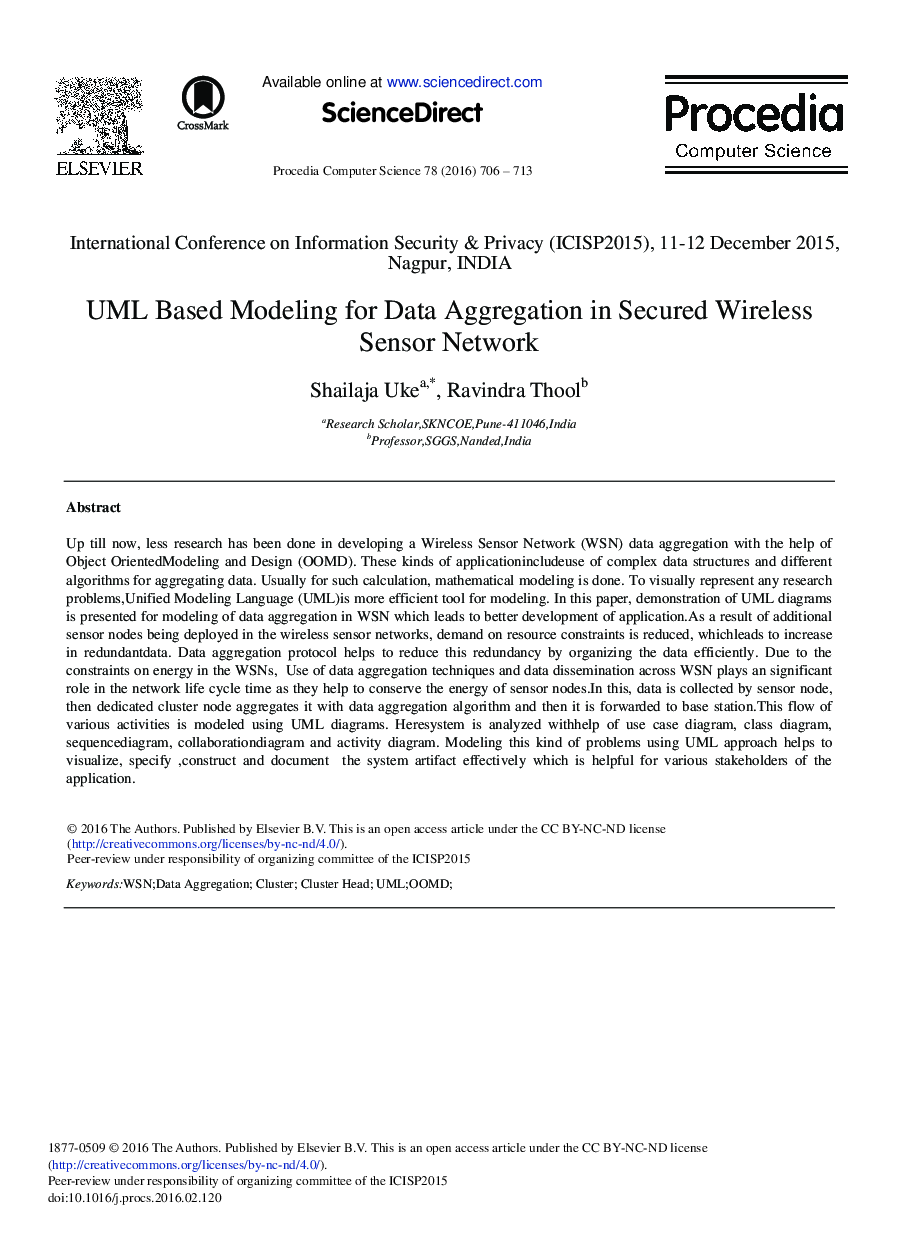 UML Based Modeling for Data Aggregation in Secured Wireless Sensor Network 