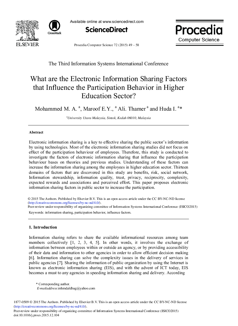 What are the Electronic Information Sharing Factors that Influence the Participation Behavior in Higher Education Sector? 