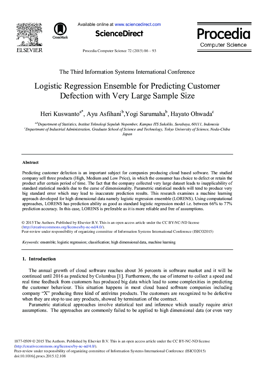 Logistic Regression Ensemble for Predicting Customer Defection with Very Large Sample Size 