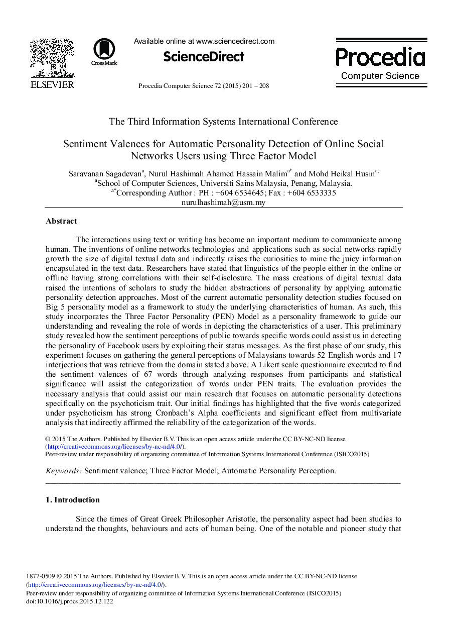 Sentiment Valences for Automatic Personality Detection of Online Social Networks Users Using Three Factor Model 