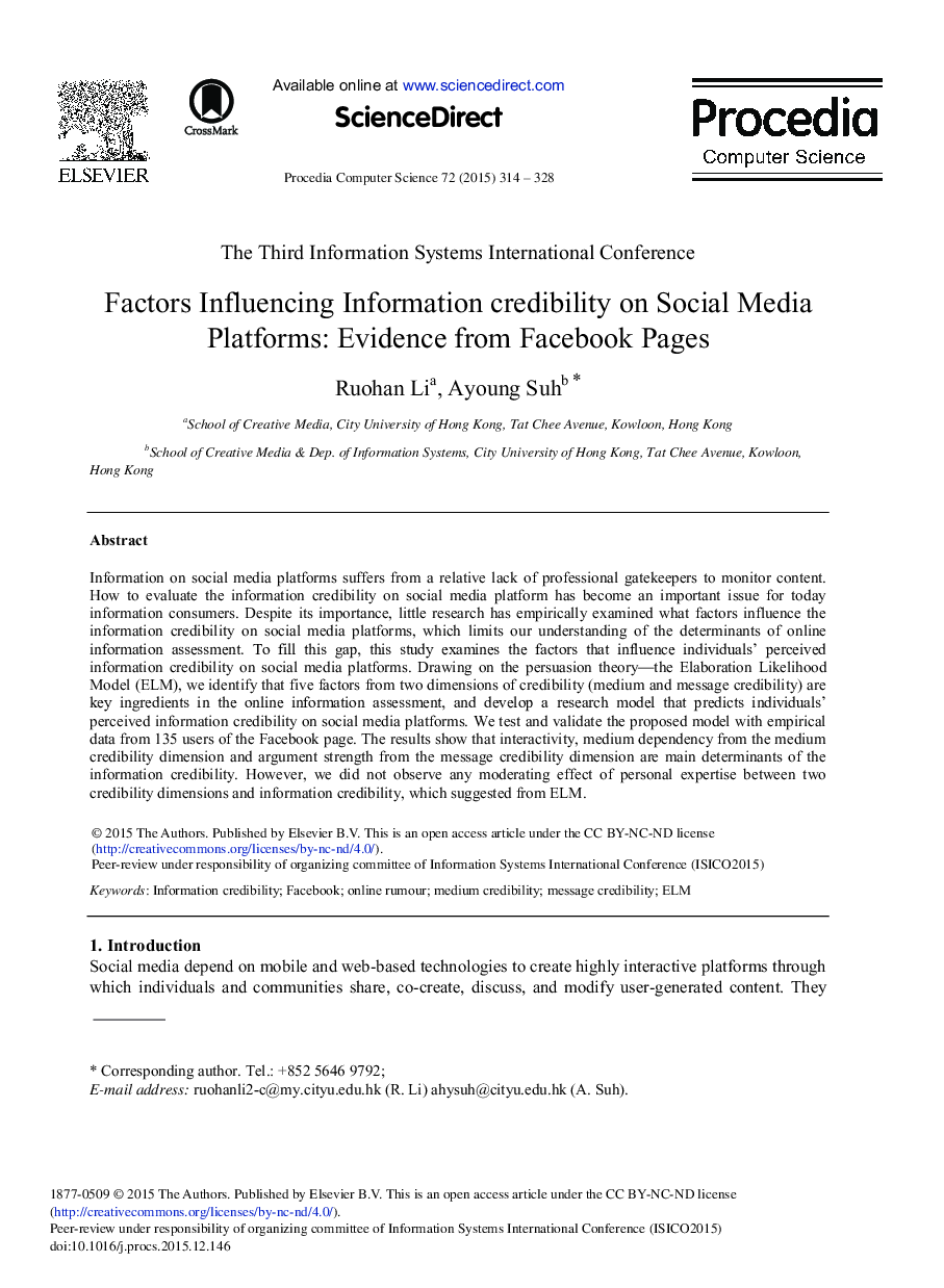 عکس صفحه اول مقاله: Factors Influencing Information credibility on Social Media Platforms: Evidence from Facebook Pages Factors Influencing Information credibility on Social Media Platforms: Evidence from Facebook Pages