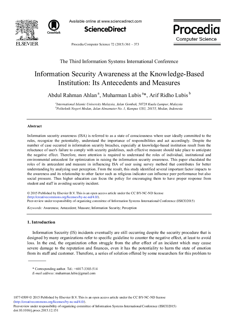 Information Security Awareness at the Knowledge-Based Institution: Its Antecedents and Measures 