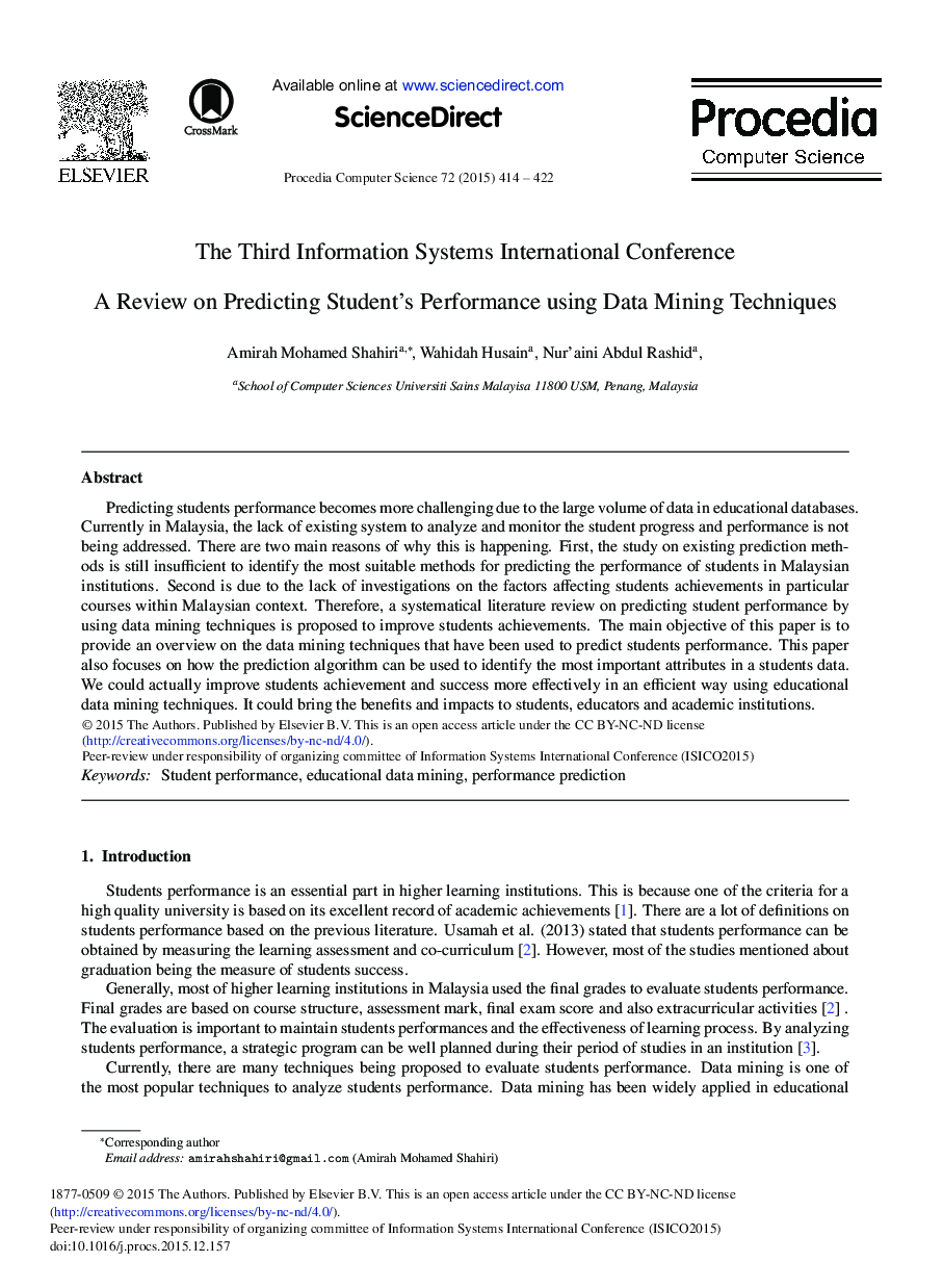 عکس صفحه اول مقاله: A Review on Predicting Student's Performance Using Data Mining Techniques A Review on Predicting Student's Performance Using Data Mining Techniques